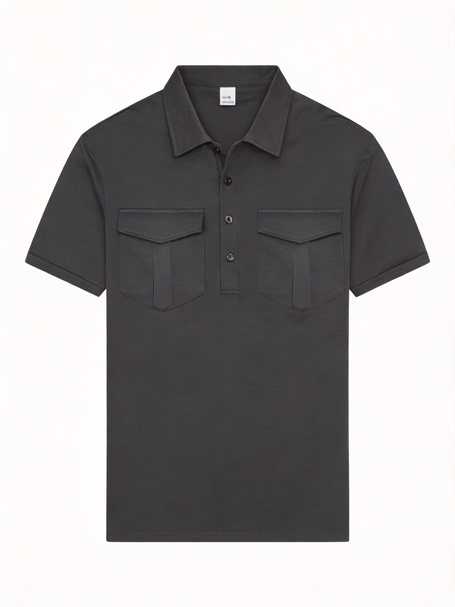 Men'S Short-Sleeved Polo Shirt with Lapel, Front Button Placket, Two Pockets And Solid Color - Dark Gray