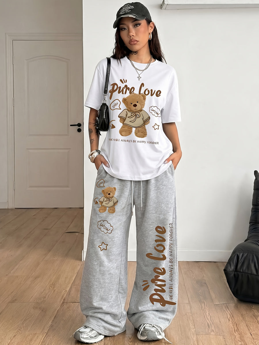 Women's 2-Piece Set: Spring/Summer Fun "Brown Bear" Heart and Letter Print Daily Y Casual T-Shirt with Drawstring Loose Straight-Leg Pants. Soft, Comfortable, Niche Hip-Hop Y2K Versatile Streetwear T-Shirt Set, Suitable for Summer Outings - White+gray