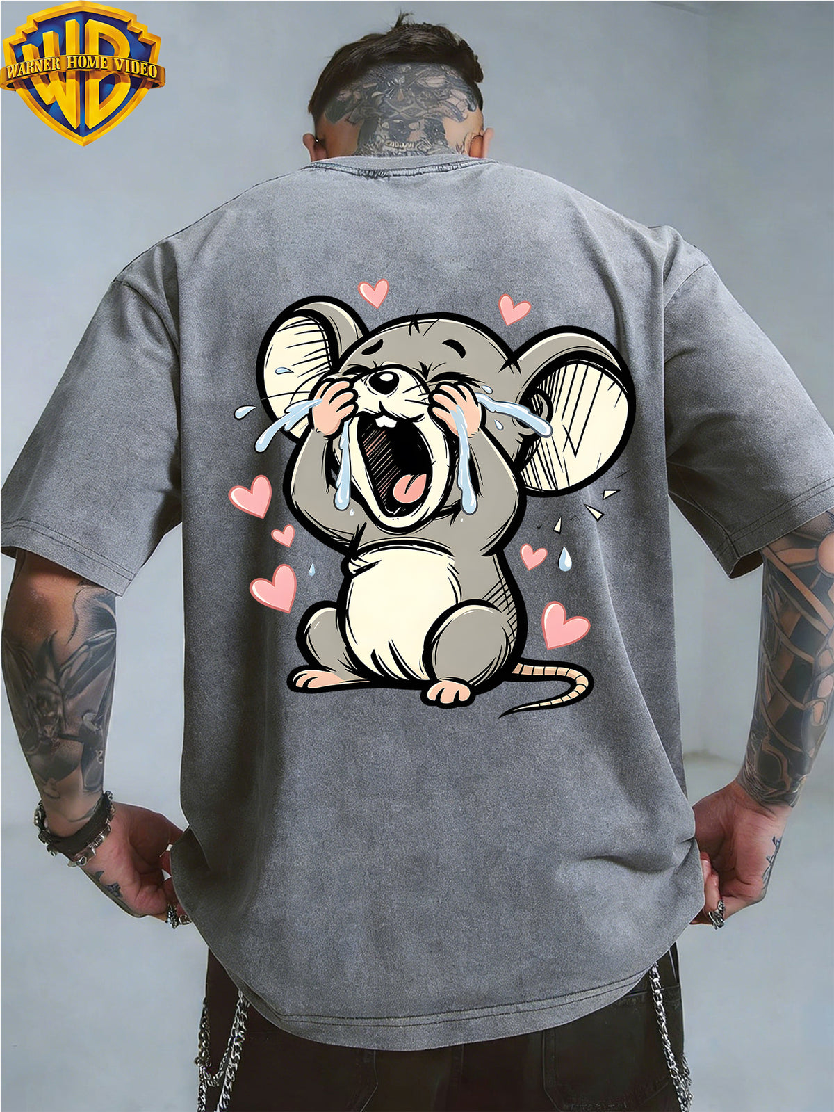 Warner Bros. Officially Authorizes Crying on the Floor with Floating Love Print  Washed Outdated Short Sleeve T-shirt for Men and Women, Machine Washable Daily Commuter Outdoor Sports and Leisure Top - Grey