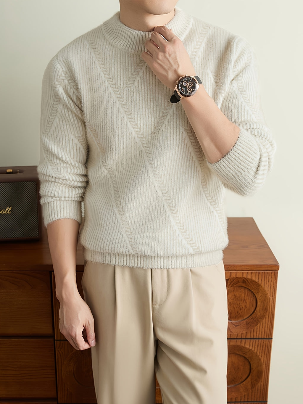 Men'S Olive Green Herringbone Knit Crew Neck Sweater, Textured Long Sleeve Pullover with Ribbed Trim, Old Money Fall Winter Top - Apricot