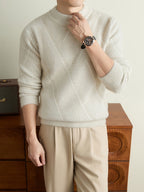 Men'S Olive Green Herringbone Knit Crew Neck Sweater, Textured Long Sleeve Pullover with Ribbed Trim, Old Money Fall Winter Top - Apricot