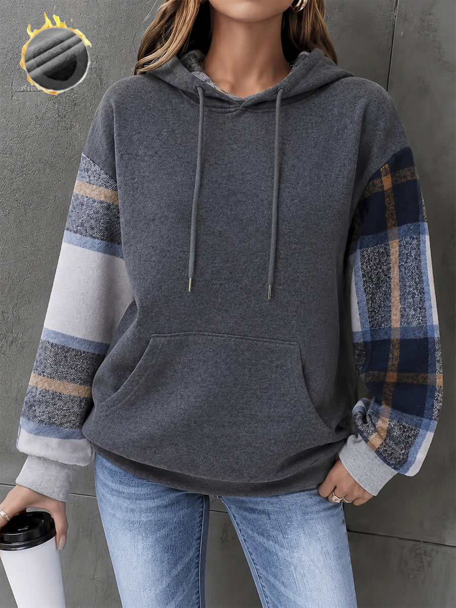 2026 Autumn/Winter High-Quality Women's Plaid Patchwork Hooded Sweatshirt, Loose-Fit Drawstring Pullover Top, Versatile Casual Long-Sleeve Pocket Hoodie, Relaxed Academic Style Outerwear - Dark Gray