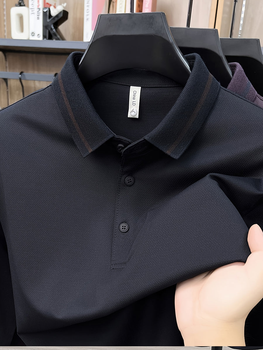 Men's Three-Button Lapel Long-Sleeve Polo Shirt, Suitable for Commuting to Work, Daily Outings, and Layering or Wearing on Its Own - SINBOS - Navy Color