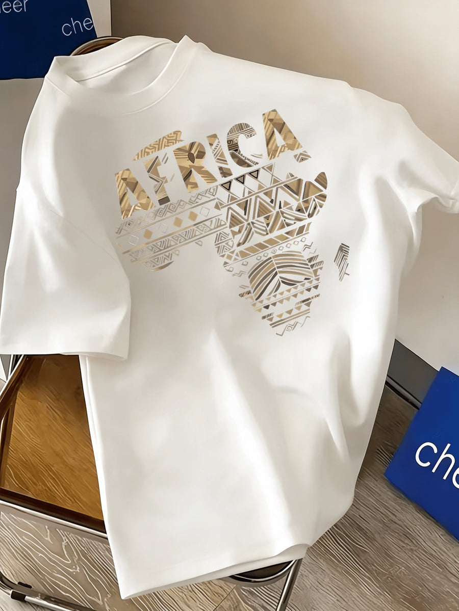 Men'S Heavyweight High Street American Retro AFRICA African Totem Design Short Sleeve Tee, Summer Relaxed Casual Versatile Shirt - White