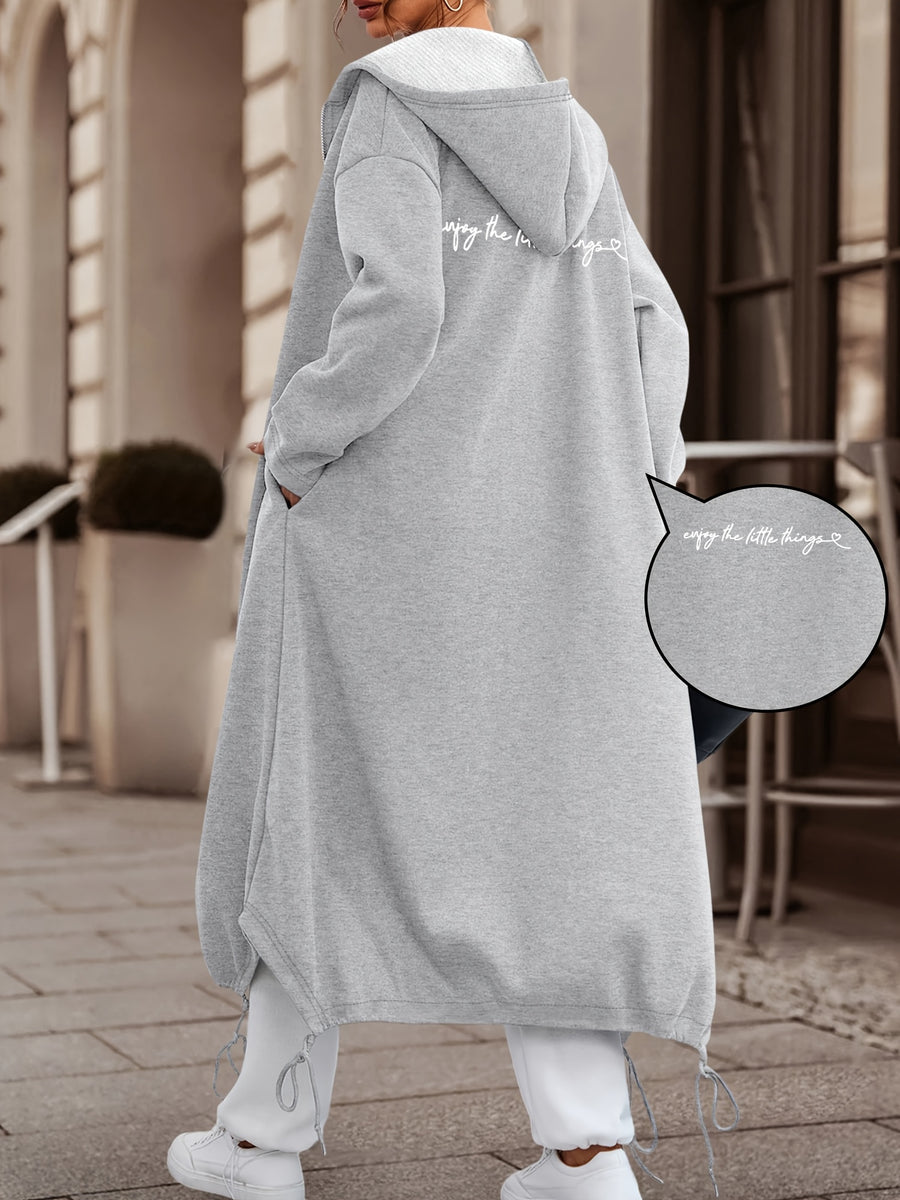 A Long Hooded Coat for Women in Autumn And Winter, Featuring Front And Back Prints in White Handwritten Style Saying 'Enjoy The Little Things'. It'S Comfortable And Casual, Suitable for Daily Commutes And Various Occasions - Grey