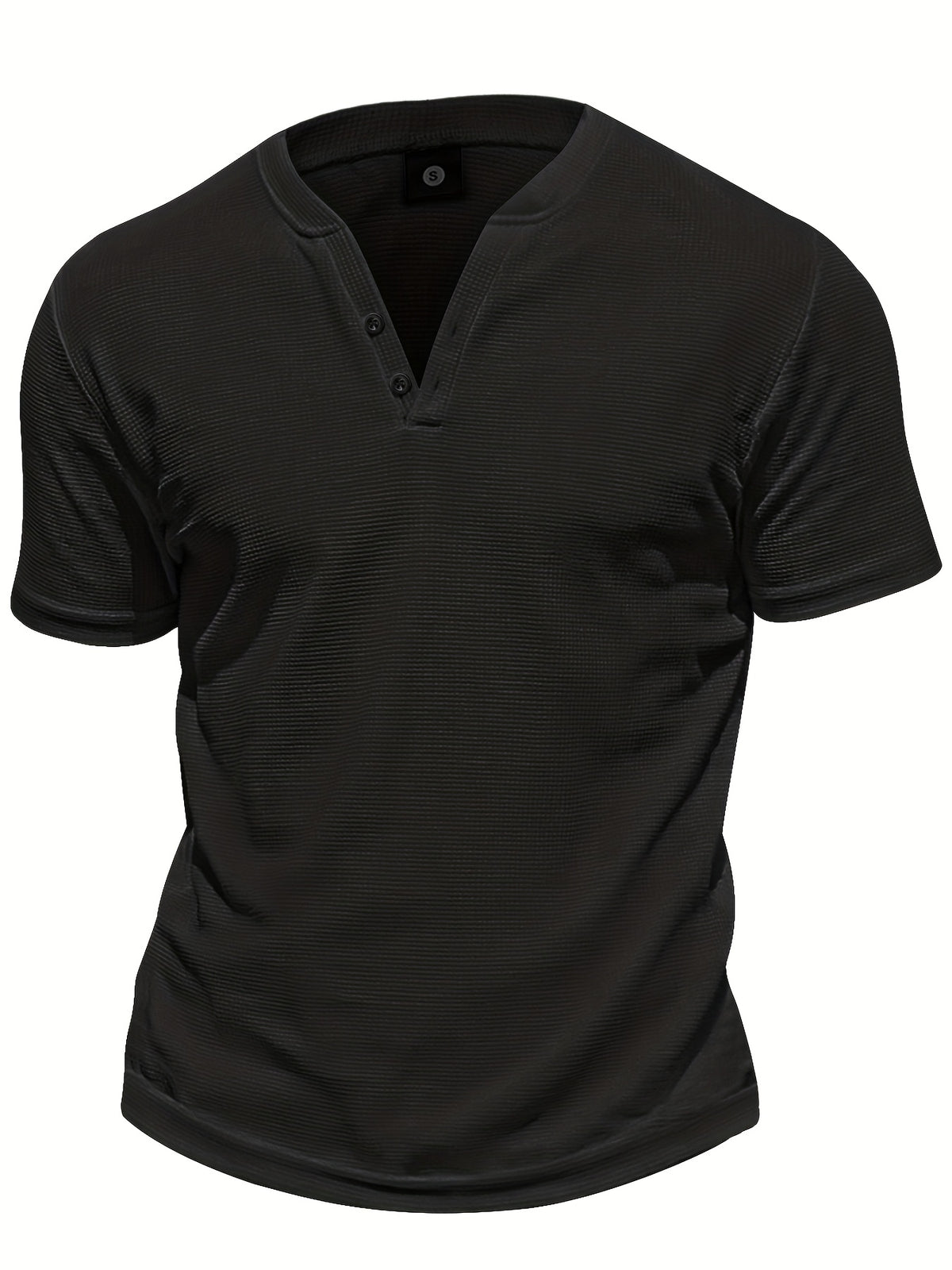 Men'S Henley Short Sleeve T-Shirt by Pearson OBM - A Breathable Waffle Knit Summer Tee Featuring a Button Front, Solid Color V-Neck, Machine Washable for Outdoor And Casual Wear, Stylish Button Details, Lightweight Fabric, And Easy-Care Material - Black
