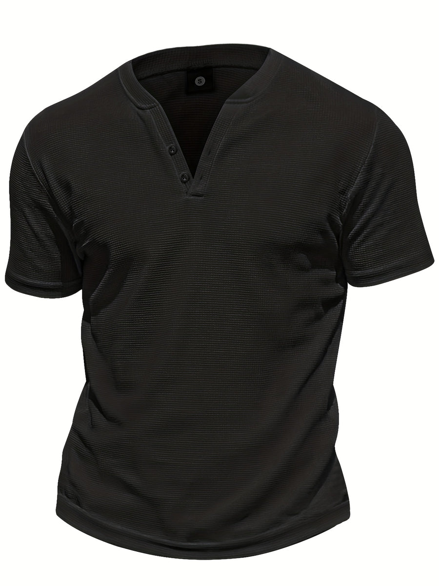 Men'S Henley Short Sleeve T-Shirt by Pearson OBM - A Breathable Waffle Knit Summer Tee Featuring a Button Front, Solid Color V-Neck, Machine Washable for Outdoor And Casual Wear, Stylish Button Details, Lightweight Fabric, And Easy-Care Material - Black