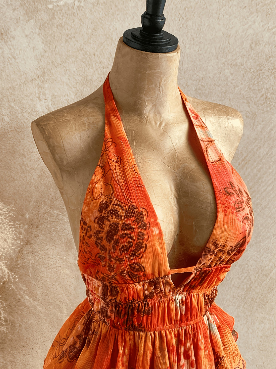 Women' Bohemian Halter Neck Vest Top - Tropical Backless Asymmetrical Hem Exposed Waist Style Suitable for Vacation, Festival Outfits, Beachwear, Spring Break Dates - Machine Washable Non- - Orange