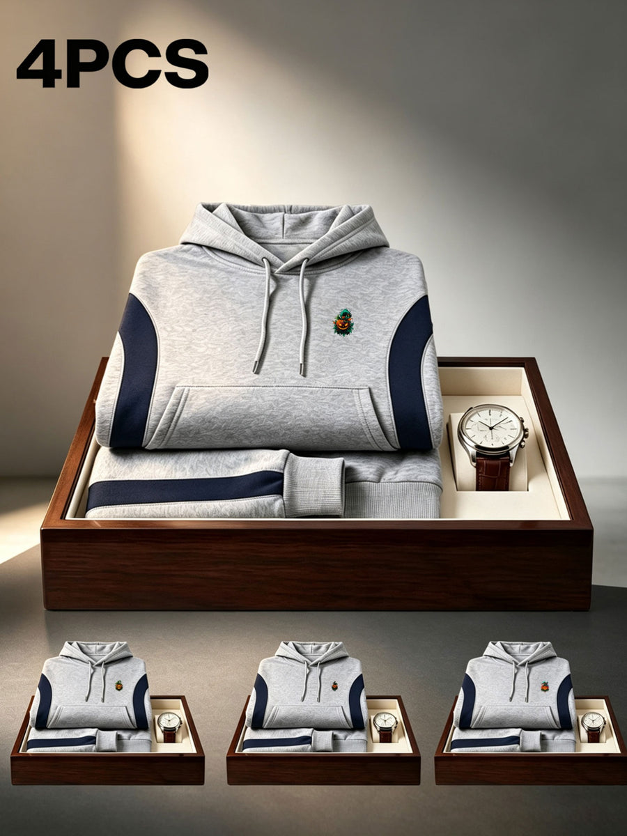 4pcs 2026 Autumn Winter Men'S Street Casual Hooded Sweatshirt, Contrast Line Diagonal Cut Long Sleeve Skin-Friendly Warm Drawstring Large Pouch Hoodie - Gray+grey+grey+grey