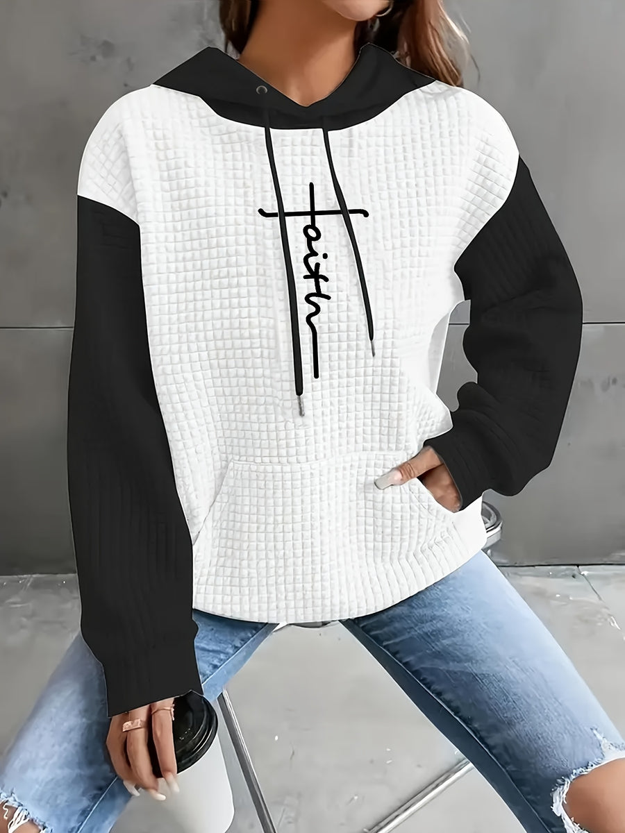 Women's Casual Oversized Hoodie with Checkered Texture & Letter Print, Kangaroo Pocket, Long Sleeve Loose Fit Sweatshirt for Fall Winter, Machine Washable, Fall Fashion, Relaxed Style, Comfortable Texture, Print Sweatshirt, Cozy Wear - White