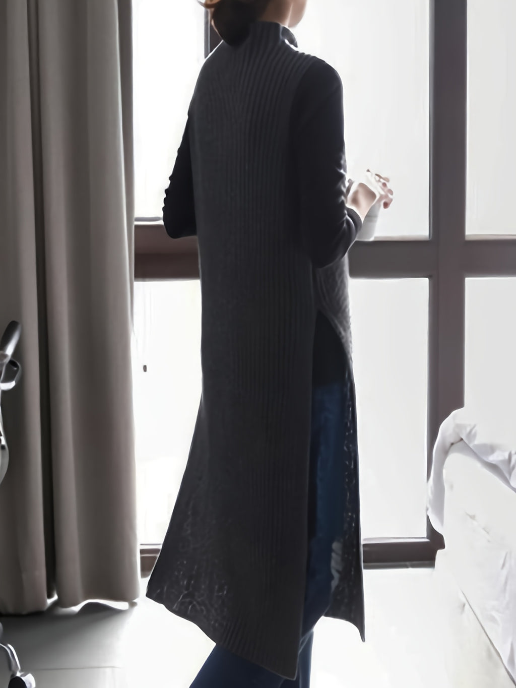 Autumn and Winter New Split Cardigan Knitwear Mid-Length Pullover Half-High Collar Outer Layer Vest Skirt for Women - Deep Grey