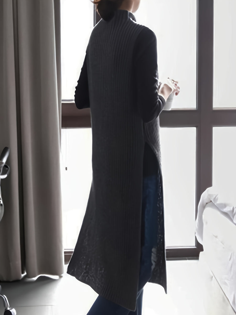 Autumn and Winter New Split Cardigan Knitwear Mid-Length Pullover Half-High Collar Outer Layer Vest Skirt for Women - Deep Grey