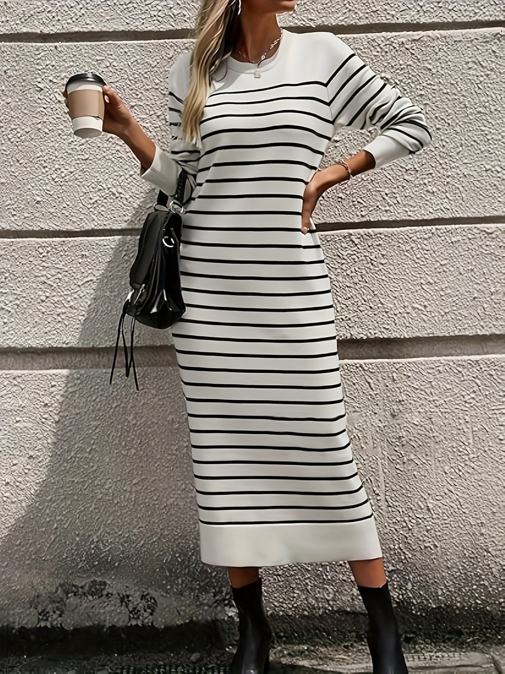 Women' Elegant Color-Block Striped Dress - Loose-Fit Long Round Neck Dress with Contrast Stripe Suitable for Commuting, Office, Semi-Formal Wear, Year-Round Wardrobe Essential - Mixed colors