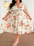 Plus Size - Summer Women'S Plus Size Women'S Summer Fashion Elegant Temperament Bohemian Floral Print Mid-Length Short-Sleeved Head Set V-Neck Loose Elastic Waist Lotus Leaf Sleeves Suitable for Vacation, Weddings, Formal Occasions, Festivals - Apricot