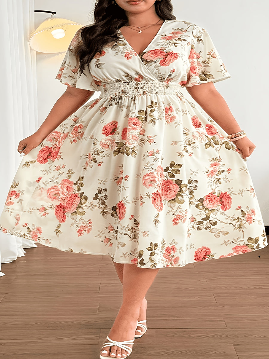 Plus Size - Summer Women'S Plus Size Women'S Summer Fashion Elegant Temperament Bohemian Floral Print Mid-Length Short-Sleeved Head Set V-Neck Loose Elastic Waist Lotus Leaf Sleeves Suitable for Vacation, Weddings, Formal Occasions, Festivals - Apricot