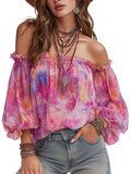 Women's Summer Bohemian Floral Print Off Shoulder Blouse, Long Puff Sleeve Sheer Chiffon Top, Romantic Casual Beach Party Shirt - Rose Red