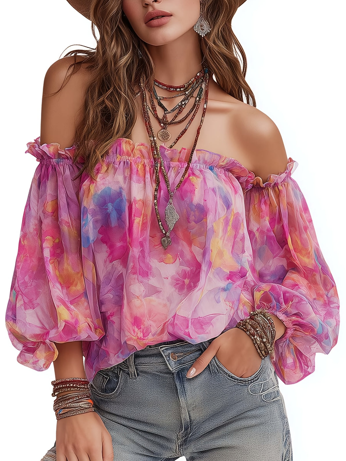 Women's Summer Bohemian Floral Print Off Shoulder Blouse, Long Puff Sleeve Sheer Chiffon Top, Romantic Casual Beach Party Shirt - Rose Red