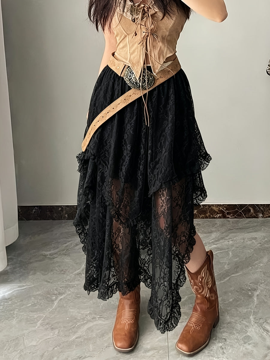 1307 Versatile Layered Irregular Lace Skirt, Bohemian Vacation Style Half Skirt - Black