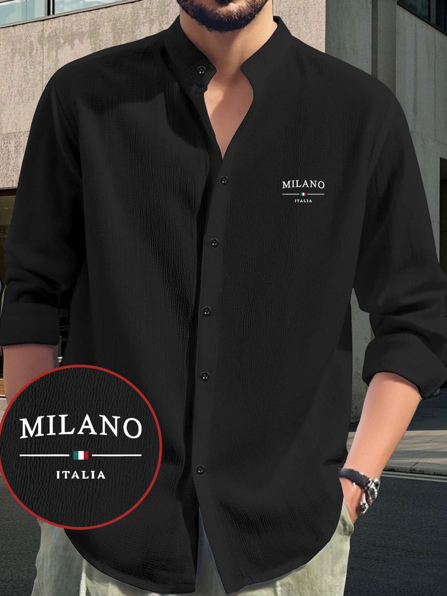 Men's Fashion Comfortable Lightweight Long Sleeve Shirt - Hawaiian Beach, Vacation, Party Wear, Breathable Stand Collar Button-Up Top, Versatile for Daily Wear, Events, and Outings, Milano Italian Print Design, Suitable for Various Occasions Casual - Black