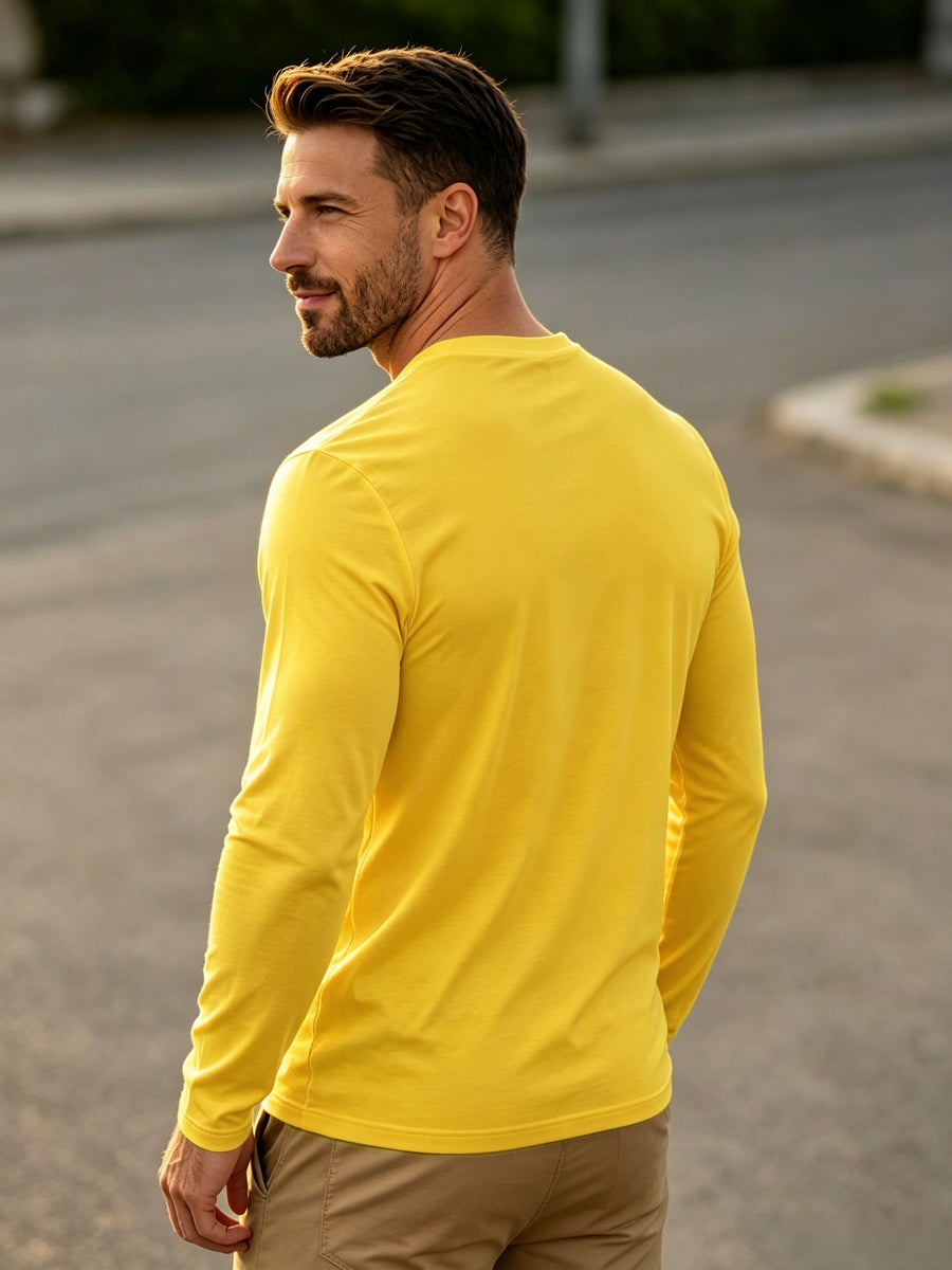 100% Men's V-neck Long-sleeve T-shirt, Men's Knitted Sweatshirt, Casual Sportswear Outdoor Top - Yellow