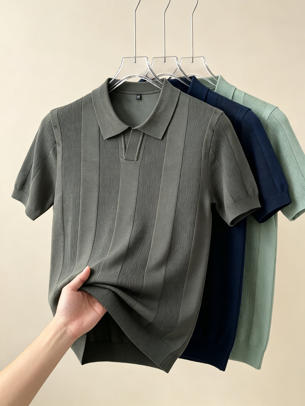 Men 3pcs Vertical Textured Knit Polo Shirts, Slim Fit Notch Collar Short Sleeve Knitwear, Lightweight Comfort Shirts for Office Vacation Daily Wear - Gray-Green-Black-Grey