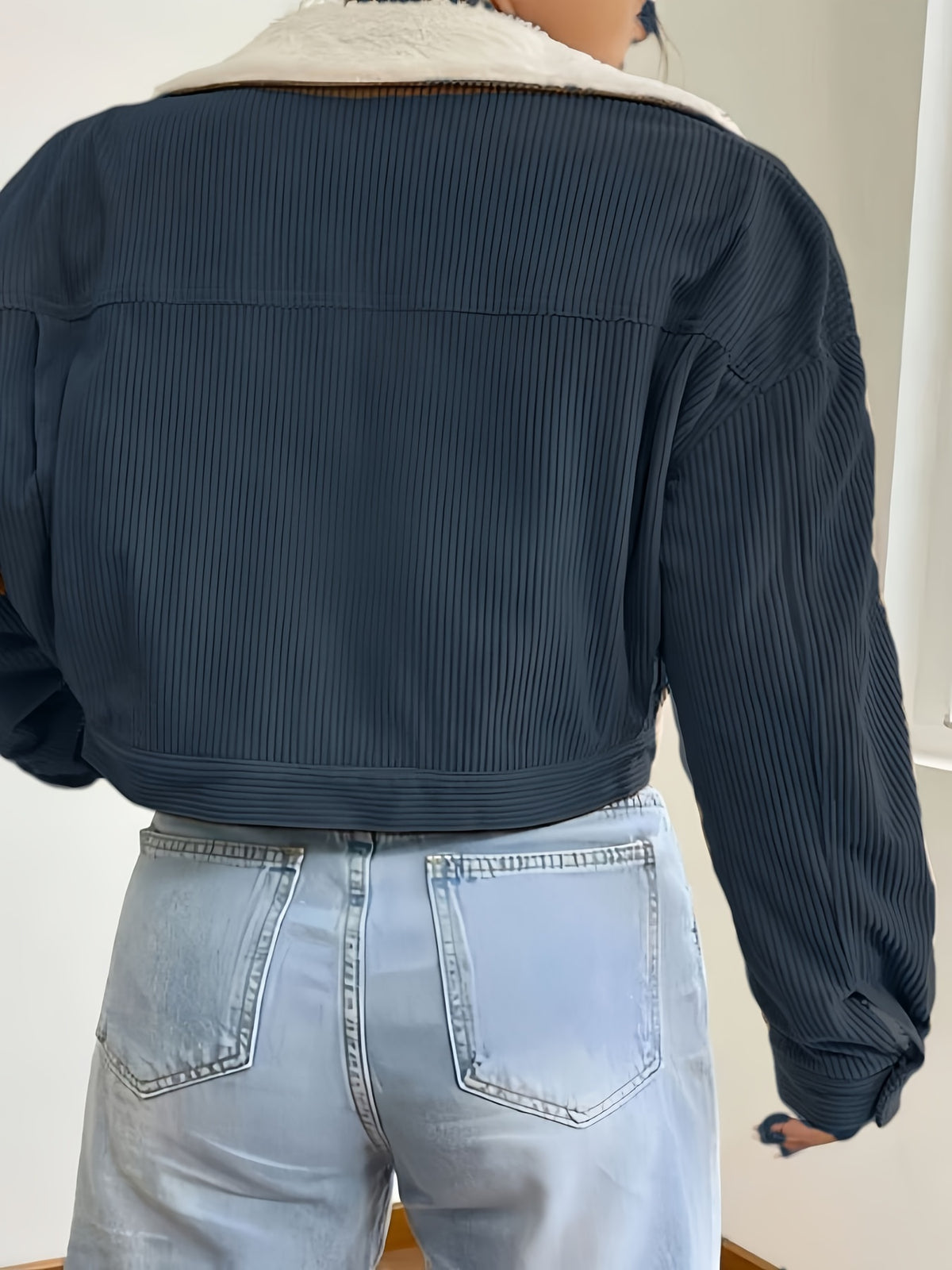 Women'S Short Corduroy And Lamb Jacket for Autumn And Winter, Featuring a Fleece Collar, Versatile Korean-Style Warm Top - Navy Color