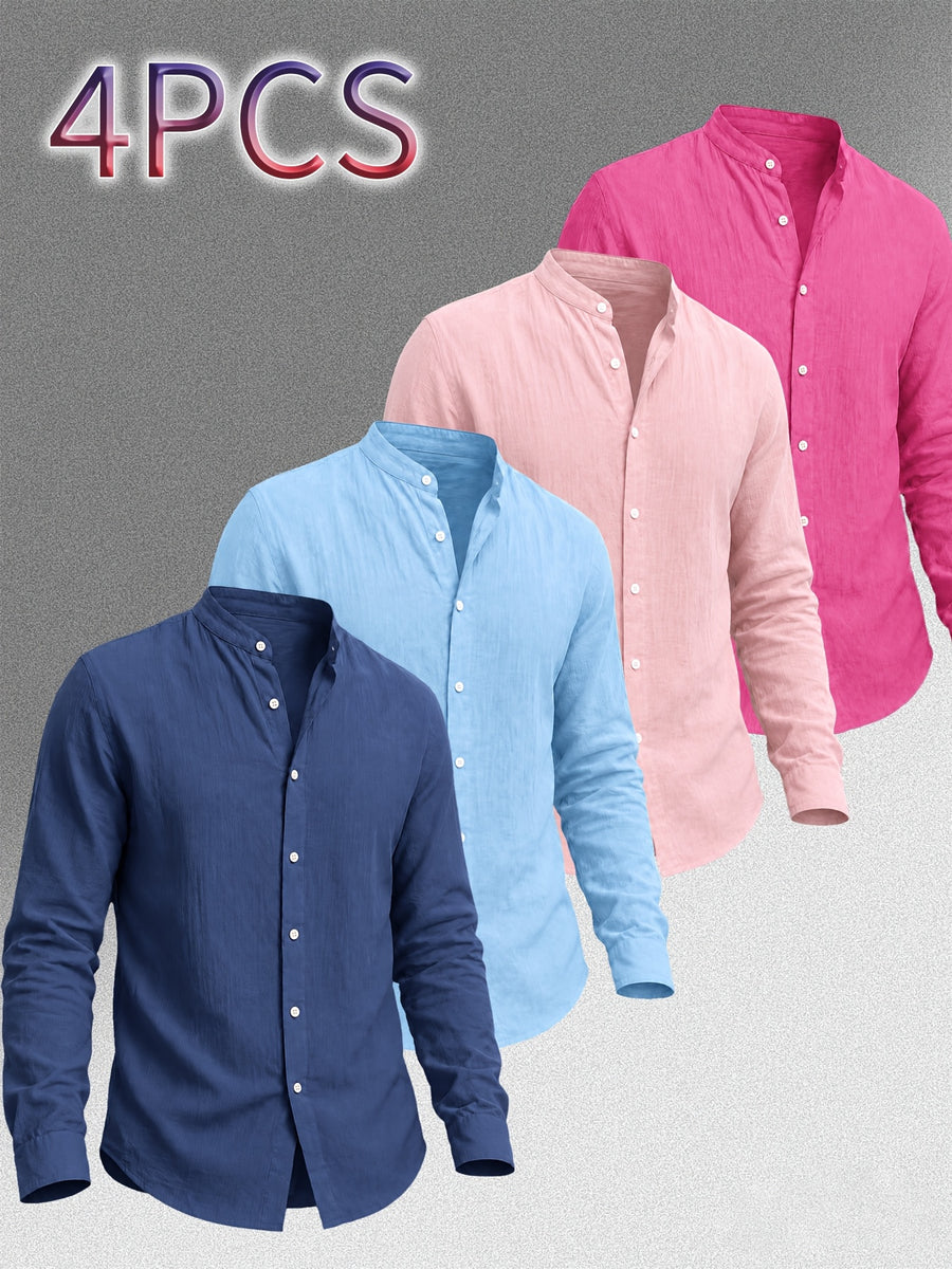 Zhiyu OBM Men's New Stand Collar Solid Color -Look Long Sleeve Shirt 4pcs Set, Simple Stand Collar Design, High-Quality Men's Long Sleeve Button- Shirt for Spring, Autumn, and Winter - Suitable for Outdoor Leisure, Vacation, Travel, and Formal Wear - Navy Blue + Sky Blue + Pink + Rose Red