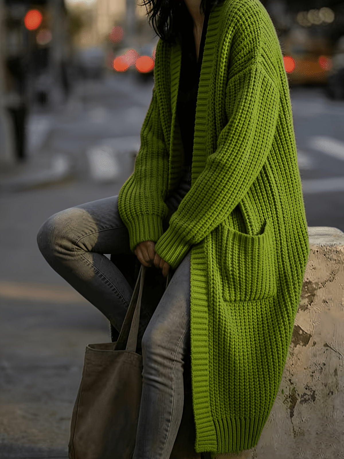 Women'S Solid Color Cardigan Sweater, Casual Long Sleeve Open Front Cardigan - Olive