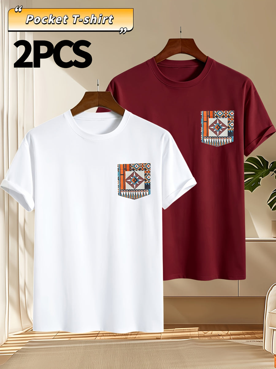 2pcs Men's Round Neck Pocket Short-Sleeve T-Shirt, Suitable for Summer Outdoor Casual Wear, Versatile Casual Knit Top, Men's Casual Pocket Design Sport T-Shirt - Light White+Wine Red
