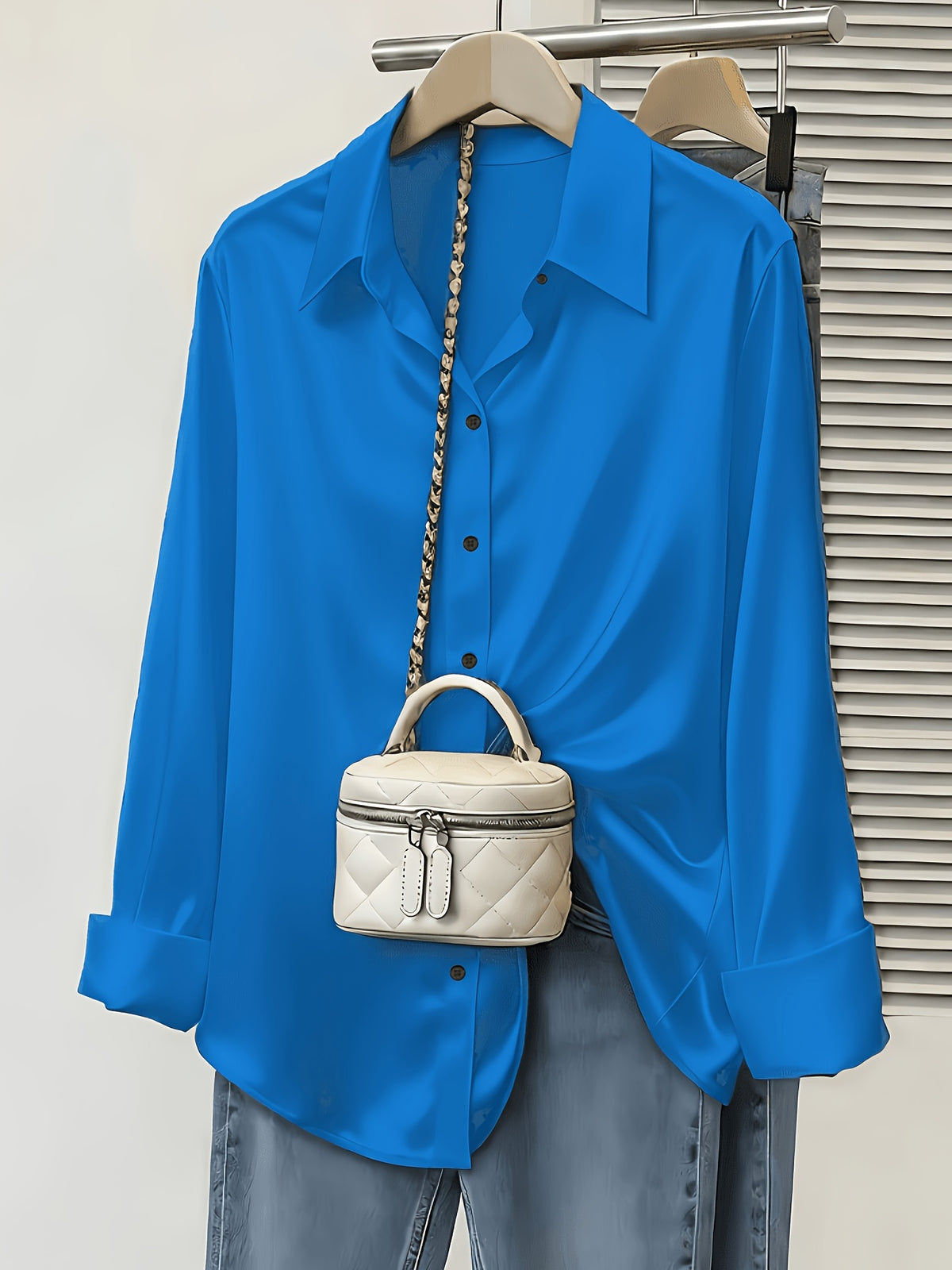 Women's Spring/Autumn Elegant and Versatile Satin Commuter Shirt - Sky Blue