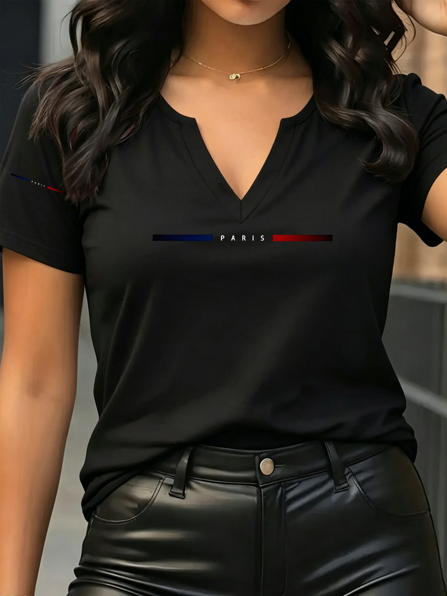 Patterned Printed Women' S V-neck T-shirt Short Sleeves Casual T-shirt Women's Clothing. - Black