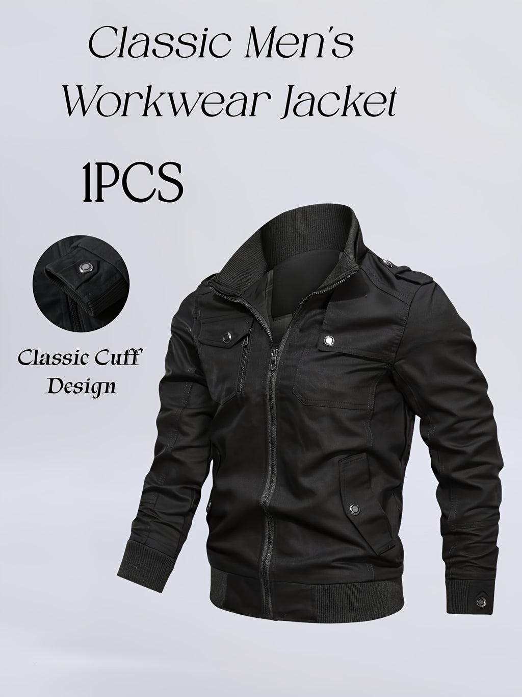 Outdoor Classic Casual Jacket, 1pc Men'S Jacket, Comfortable Utility Jacket, Pocket Zipper Design Utility Style, Fall Winter Slim Commute Daily Jacket Fit, Compliant with US Size - Black