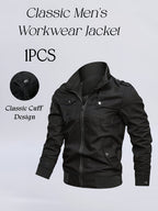 Outdoor Classic Casual Jacket, 1pc Men'S Jacket, Comfortable Utility Jacket, Pocket Zipper Design Utility Style, Fall Winter Slim Commute Daily Jacket Fit, Compliant with US Size - Black
