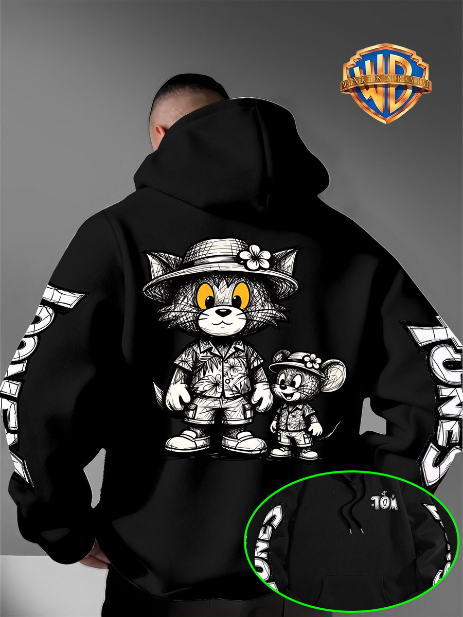 Men's Warner Bros. Vacation Hand-Drawn Sketch Print Hooded Sweatshirt, a Loose and Casual Hoodie Suitable for Animation IP Enthusiasts, Daily Commutes to School, Streetwear, and  Outfits for Couples and Best Friends - Black