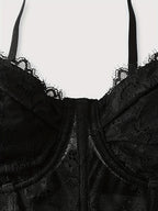 Sexy Black Lace Corset Crop Top with Fishbone Underwire - V-Neck, Backless, Sheer Floral Print, Summer Fashion for Women, Corset Top - Black