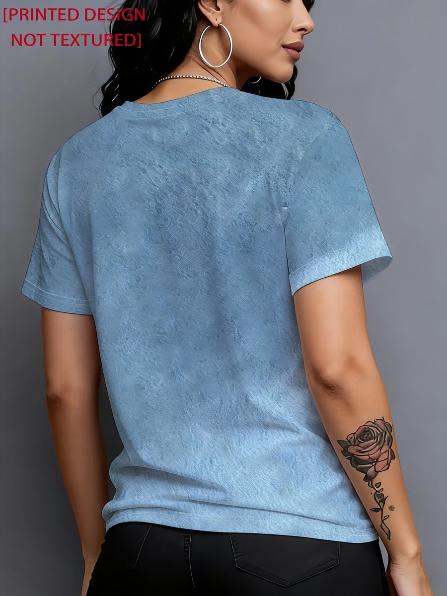 [Printed Pants - Not Denim Fabric] Printed Design - Plain Texture Women's Round Neck Short Sleeve T-Shirt, Imitation Washed Denim Pocket Print Design, Imitation Denim Texture Visual Pattern, Loose and Casual Fit, Simple and Versatile - Sky Blue