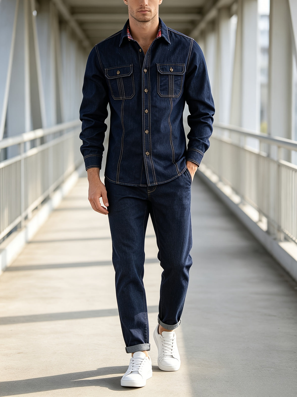 American Streetwear Plaid Collar Denim Shirt for Men, Dark Blue Multi-Pocket Workwear Style Versatile Casual Top - Blue