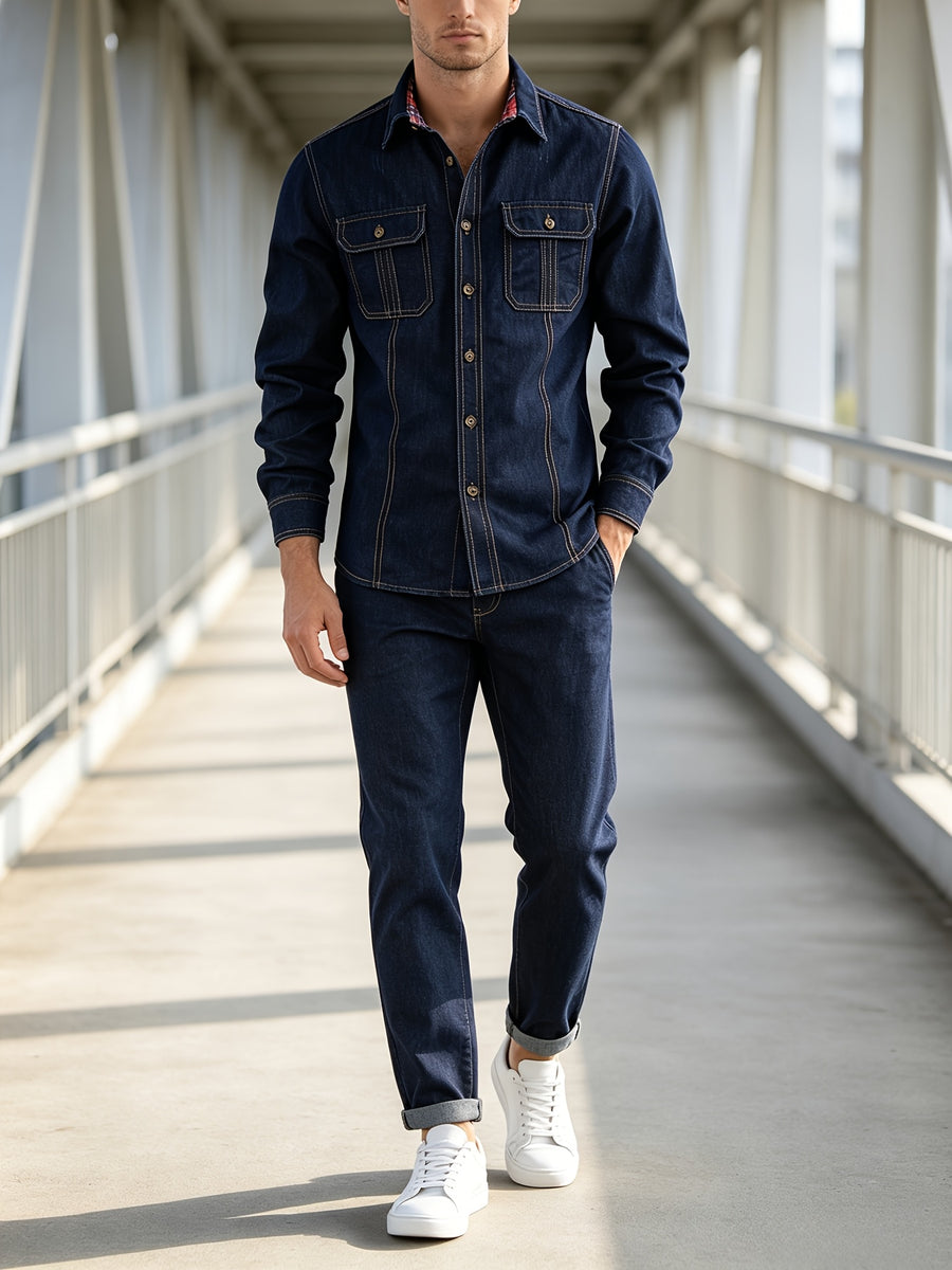 American Streetwear Plaid Collar Denim Shirt for Men, Dark Blue Multi-Pocket Workwear Style Versatile Casual Top - Blue