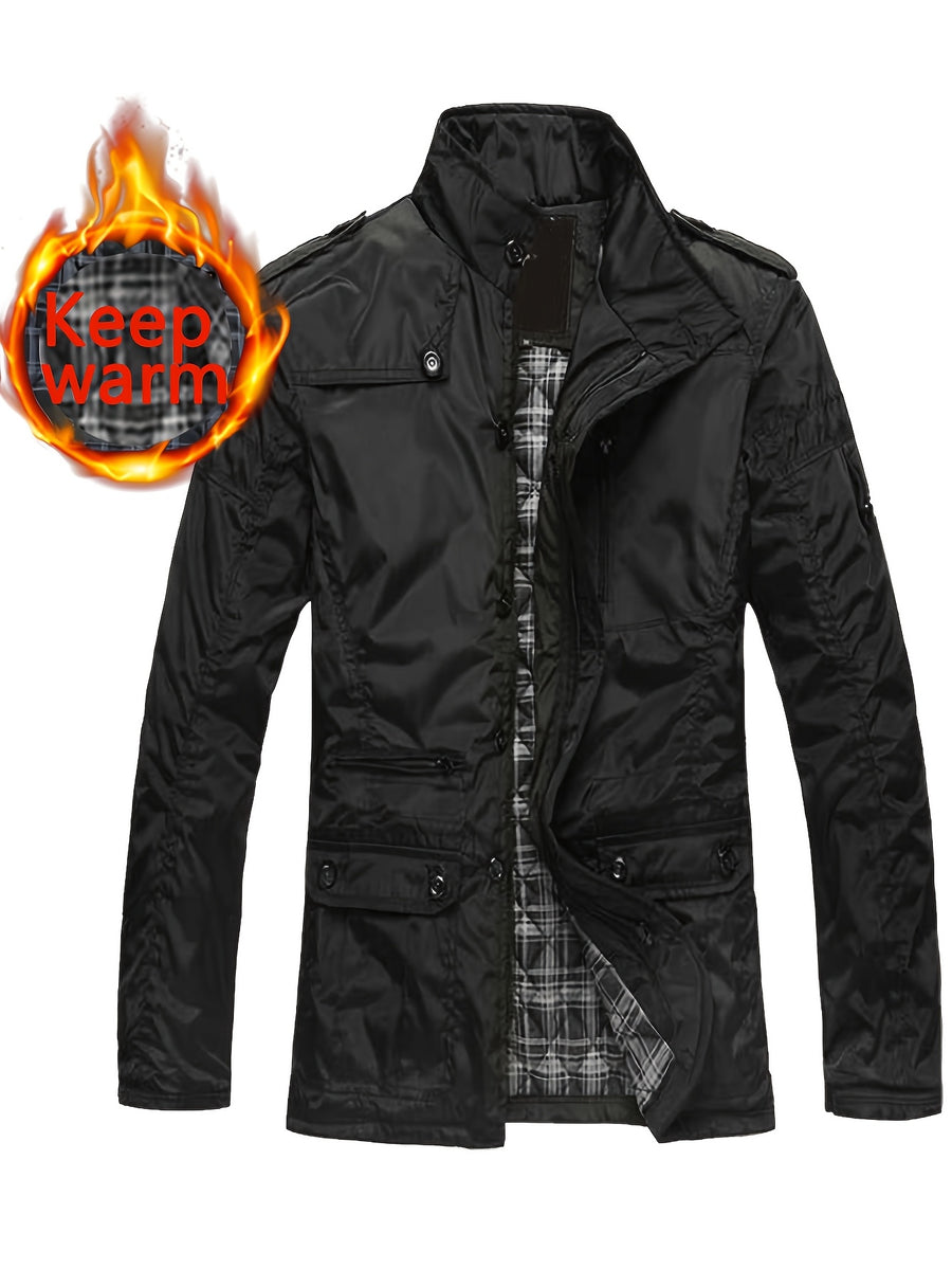 Men'S Versatile Cargo Jacket, Spring Autumn Thin Stand-Up Collar Shoulder Epaulette Multi-Pocket Coat, Casual Commute Men'S Wear, Casual Athletic Versatile Jacket, Perfect Gift for Daily Outing, Halloween Christmas Valentine'S Day Ideal Gift - Black