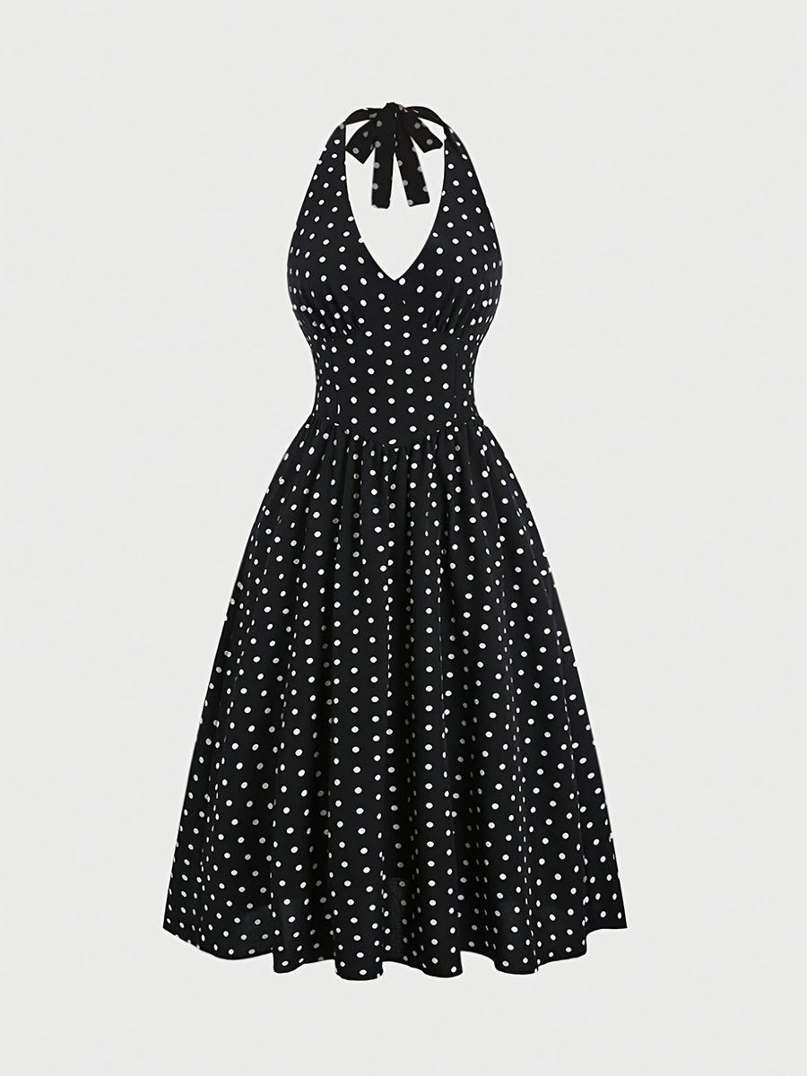 New Stylish Elegant Women'S Polka Dot Print Halter Neck Temperament Slim Dress - Black