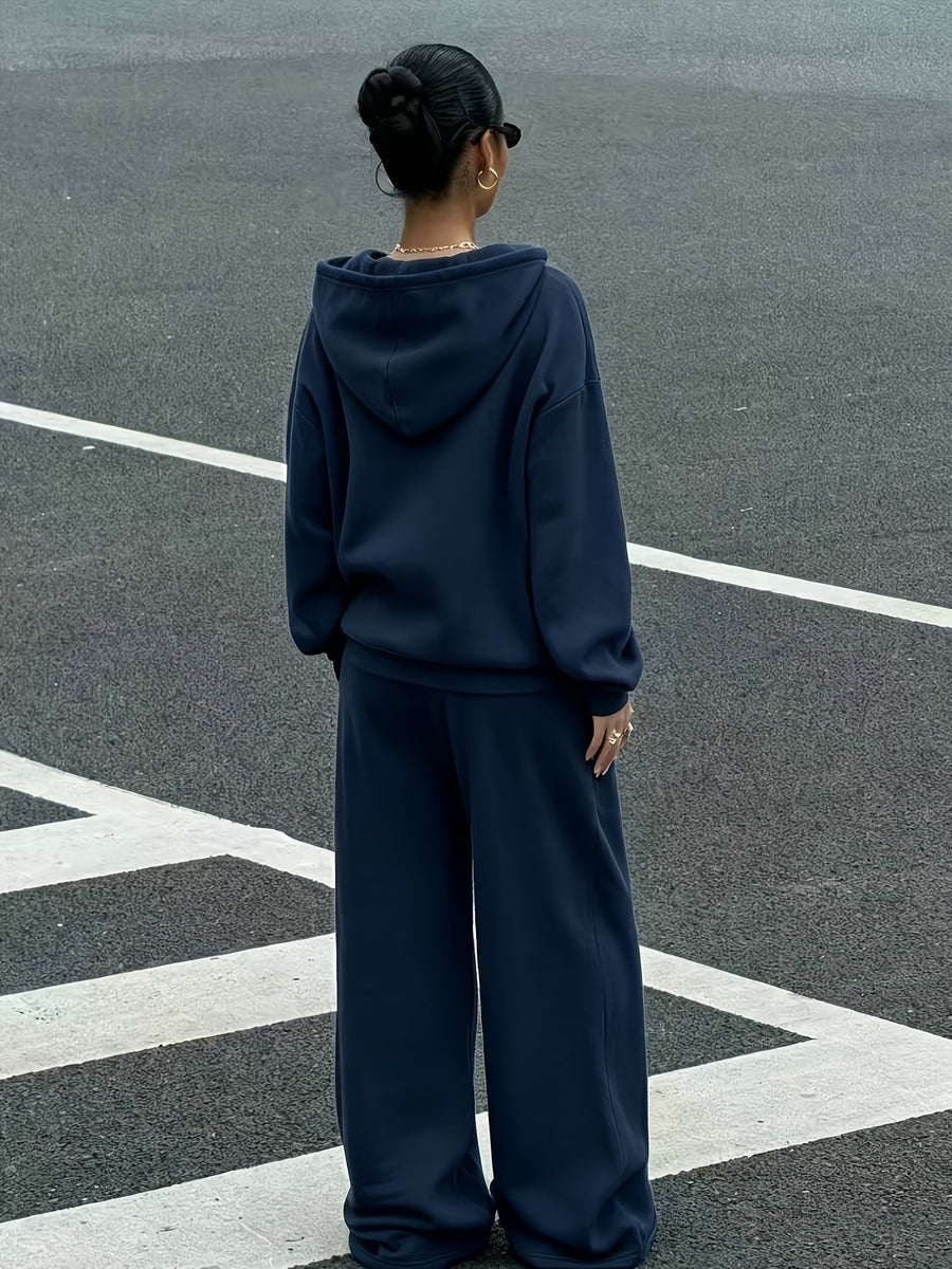 2026 Sporty Solid Color Hooded Sweatshirt Set for Women, Loose Drop-Shoulder Casual Wide-Leg Pants 2pcs Set - Navy Color