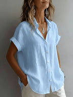 Women's Relaxed Holiday Style Micro-Wrinkle Textured Lapel Short-Sleeve Shirt, Loose Open Front Single-Breasted Drop Shoulder Fit, Casual Rolled Hem Short Sleeve V-Neck Open-Wear Design, Natural Breathable Dry Skin-Friendly Textured Fabric - Blue
