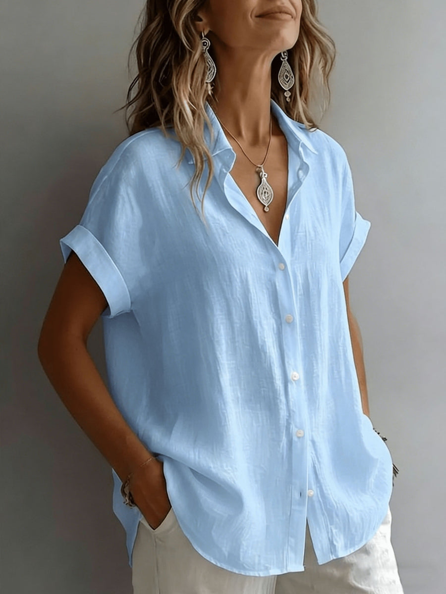 Women's Relaxed Holiday Style Micro-Wrinkle Textured Lapel Short-Sleeve Shirt, Loose Open Front Single-Breasted Drop Shoulder Fit, Casual Rolled Hem Short Sleeve V-Neck Open-Wear Design, Natural Breathable Dry Skin-Friendly Textured Fabric - Blue