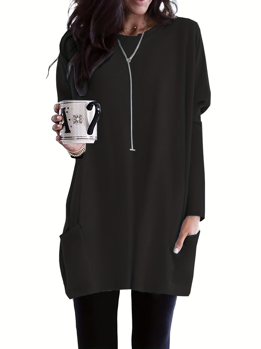 Spring/Autumn Casual Long Sleeve Loose Fit Oversized T-Shirt with Pocket Robe Top - Black