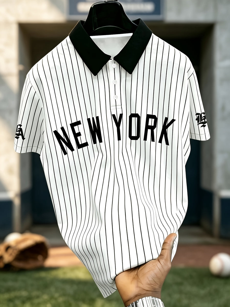 Digital Print Men's Lapel Striped Polo Shirt, NEW YORK Letter and Sleeve Logo Print, Suitable for Daily Outings and Casual Gatherings, American Vintage Baseball Style Short Sleeve - Mixed colors