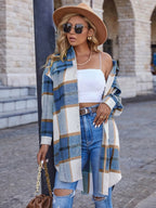 Spring/Autumn Women'S Casual Long Sleeve Plaid Fleece Winter Warm Shirt-Style Coat Long Length Jacket Overcoat - Blue
