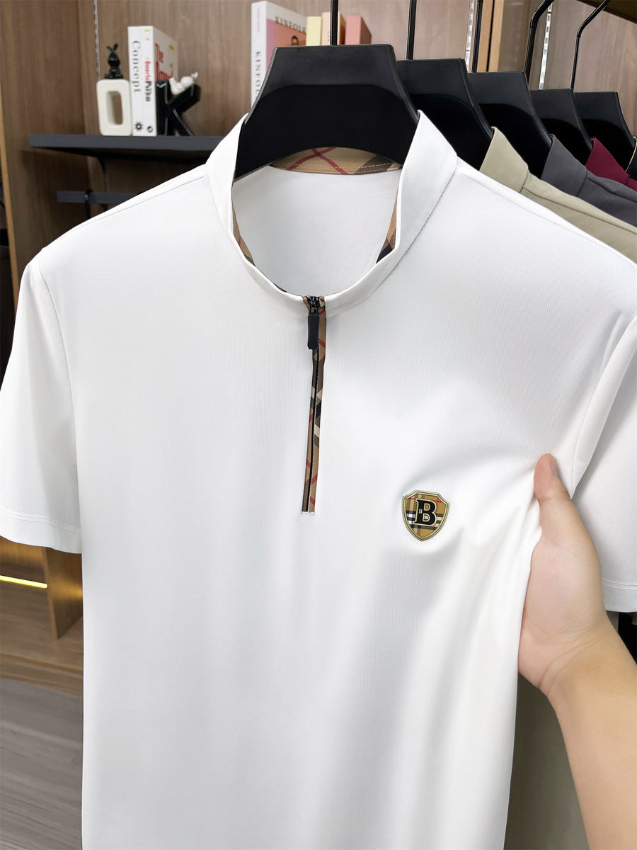 [Pearson OBM] Men'S T-Shirt New Short Sleeve Polo Shirt Mandarin Collar Easy Business Casual Premium Top Mido - White