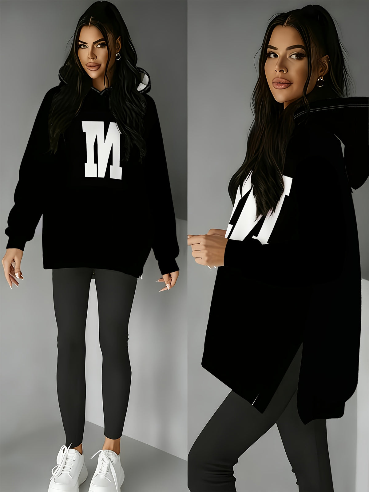 Fashion Women'S Hooded Sweatshirt, Side Slit Design, Suitable for Autumn And Winter, Perfect for Casual Wear, Eye-Catching Bold Letter Print, Loose Mid-Length Fit, Side Slit Detail Enhances Design, Ideal for Daily Commute And Shopping - Mixed colors