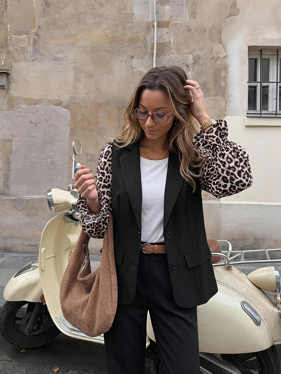 Women's Elegant Blazer with Leopard Print Sleeves, Spliced Cuffs, and Tie Detail - Black