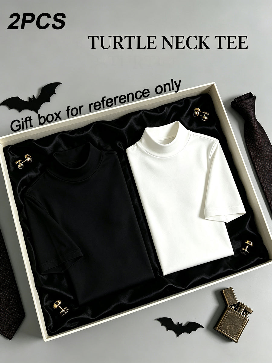 Men'S Short Sleeve High Neck Work And T-Shirt, Men'S Top, Casual Workwear, Suitable for Work Scenarios - Black+Light White